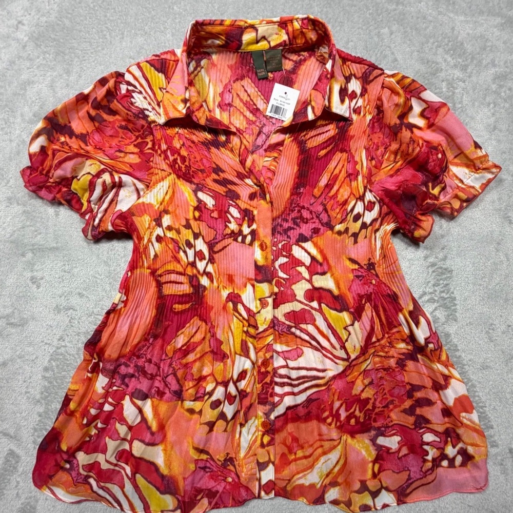 Vintage 90s Butterfly Pleated Blouse XL Semi Sheer Summer‎ Cool NWT Deadstock